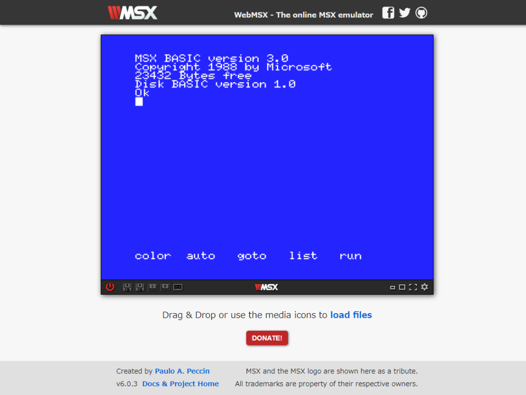 WEBMSX起動画面